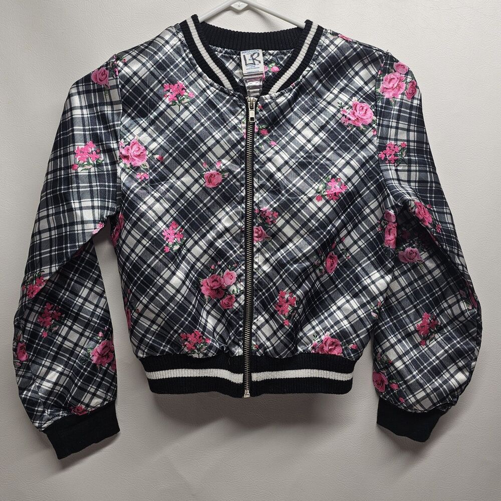 Girls Floral Plaid Bomber Jacket M 10/12 Zip Up RN110135 100% Polyester
